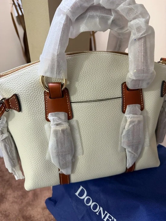 Dooney & Bourke Cream Pebbled Leather Satchel with Brown Trim - Picture 3 of 7